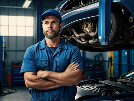 Portrait of confident male mechanic standing with arms crossed in auto repair shop.の素材