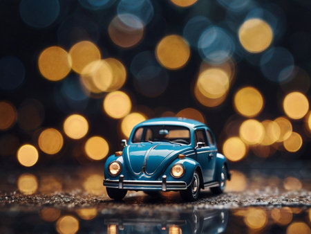 Miniature toy car on bokeh background. Christmas and New Year concept.の素材