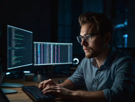 Serious young programmer working on computer late at night in dark office. Man in eyeglasses sitting at table and typing on keyboardの素材