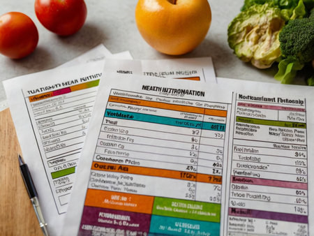 Healthy eating, dieting, nutrition and weight loss concept - close up of diet nutrition facts on tableの素材