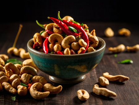 Spicy cashew nuts in bowl on dark wooden background, selective focusの素材
