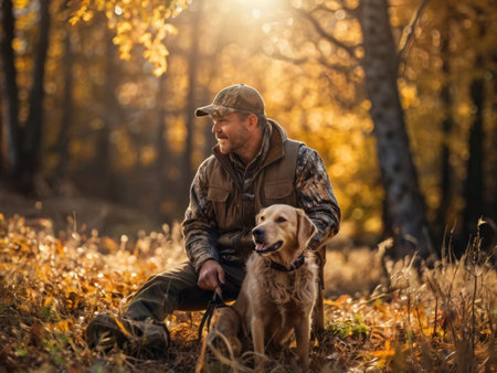 Hunter with golden retriever dog in autumn forest. Hunting season.の素材