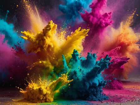 Explosion of colored powder. Colorful explosion of colored powder on a black backgroundの素材