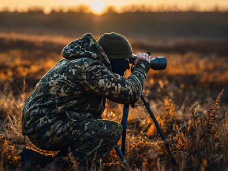A man in a camouflage jacket with a camera on a tripod at sunsetの素材