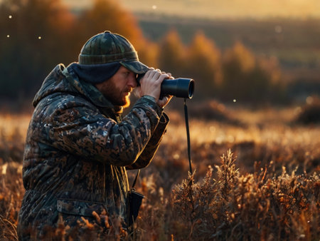 Hunter looking through binoculars in autumn hunting season at sunset.の素材