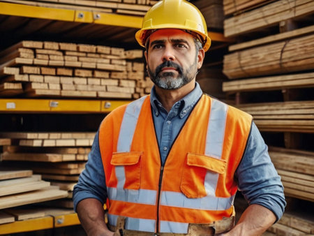 Portrait of confident mature male worker in hardhat standing in warehouseの素材