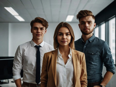 Group of young business people in smart casual wear standing in office.の素材