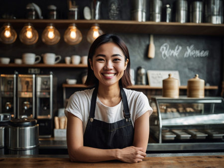 Portrait of smiling Asian female barista sitting at counter in coffee shopの素材