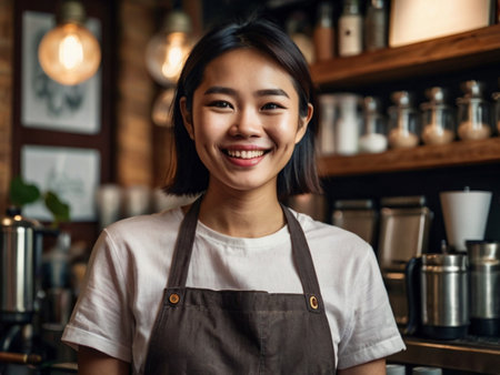 Portrait of smiling Asian woman barista in apron standing in coffee shop.の素材