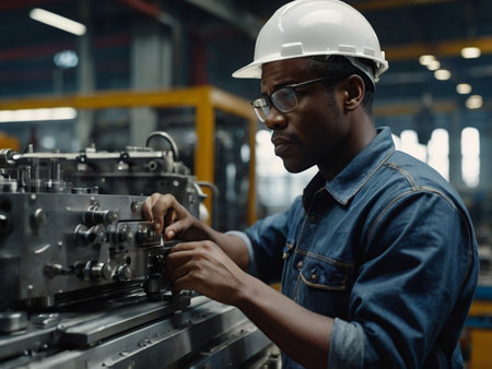 Confident African-American male engineer working on lathe machine in factoryの素材