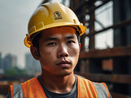 Portrait of young Asian man engineer wearing safety helmet on construction siteの素材