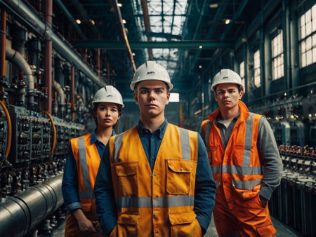 Portrait of a group of industrial workers standing in a factory.の素材