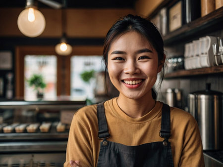 Portrait of smiling young Asian female barista standing in cafeの素材