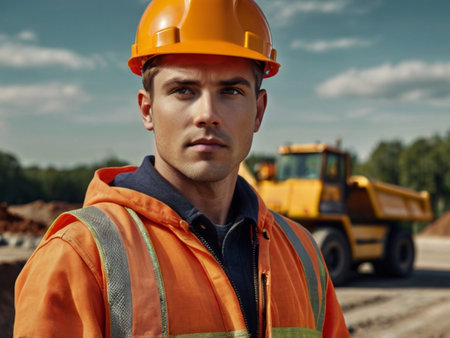 Portrait of a young man in a construction helmet on a background of a yellow excavatorの素材