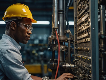 Portrait of confident African-American engineer working on machine in factoryの素材