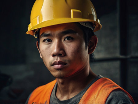 Portrait of a young Asian worker wearing a safety helmet and looking at cameraの素材