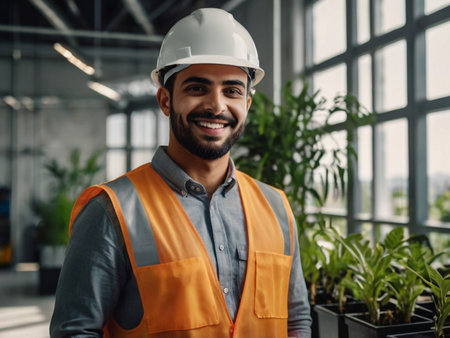 Portrait of smiling male engineer in hardhat looking at camera in greenhouseの素材
