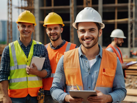 building, architecture, teamwork and people concept - group of smiling builders in hardhats with clipboard and tablet pc computer at construction siteの素材