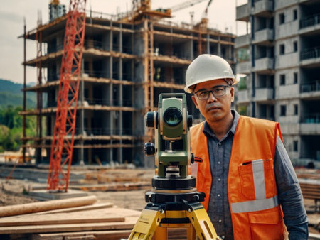 Surveyor or engineer working with theodolite at construction siteの素材