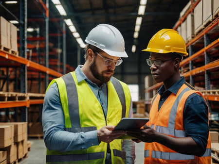 Warehouse staff using digital tablet in warehouse. This is a freight transportation and distribution warehouse. Industrial and industrial workers conceptの素材