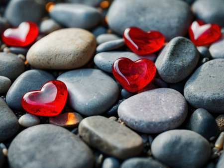 Red hearts on a pebble beach. Valentines day backgroundの素材