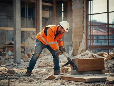 Worker in orange uniform and helmet working with an ax at construction siteの素材