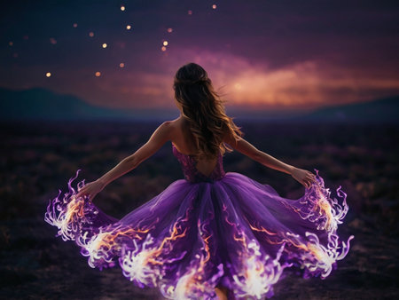 Beautiful girl in a purple dress dancing in the desert at sunsetの素材