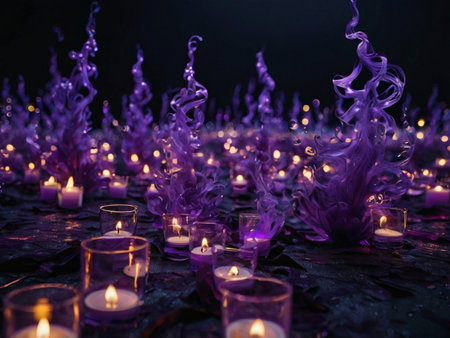 Burning purple candles on black background, shallow depth of field.の素材