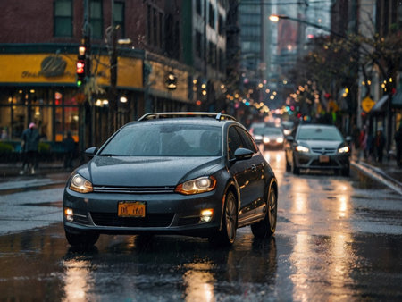 Cars in the rain on the street in New York City.の素材