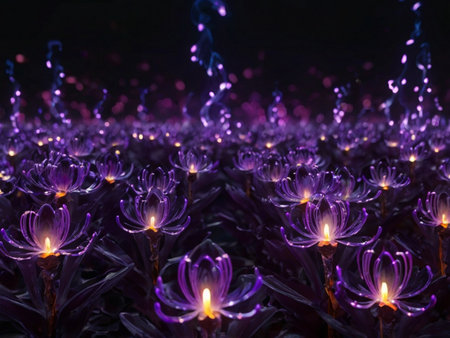 Purple flowers with a candle in the dark, close-upの素材