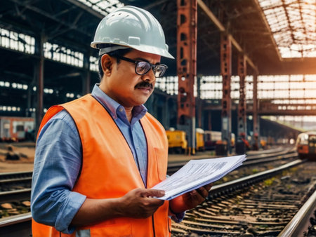 Engineer or foreman working with blueprint at railway station. Railway and engineering concept.の素材