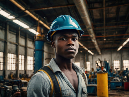 Portrait of African American worker in hardhat at factoryの素材