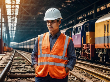 Portrait of a male engineer standing in front of a train station.の素材