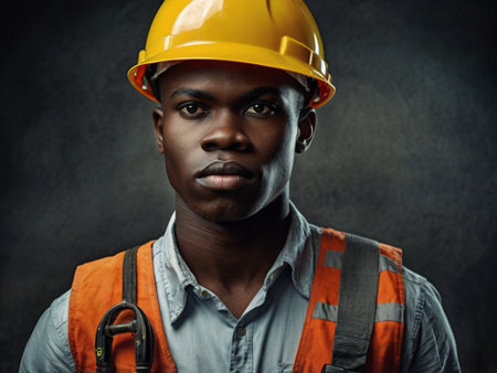 Portrait of african-american construction worker on dark backgroundの素材