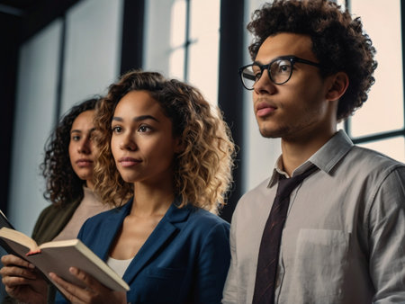 portrait of multiethnic businesspeople reading book together in officeの素材
