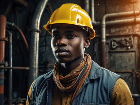 Portrait of African-American worker in yellow helmet. Industrial background.の素材