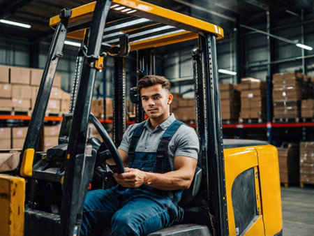 handsome warehouse worker sitting on forklift and looking at camera in warehouseの素材