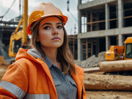 Portrait of a beautiful girl in a construction helmet on the background of a construction siteの素材