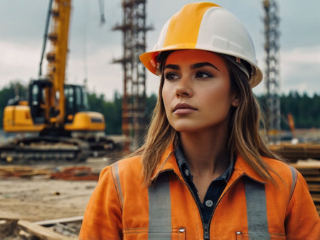 Beautiful girl in a yellow helmet on the background of a construction siteの素材
