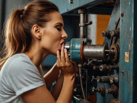 beautiful young woman working on industrial machine in factory, closeupの素材