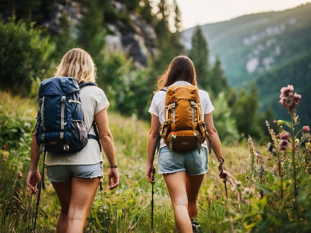 Back view of two young women hikers with backpacks hiking in mountainsの素材