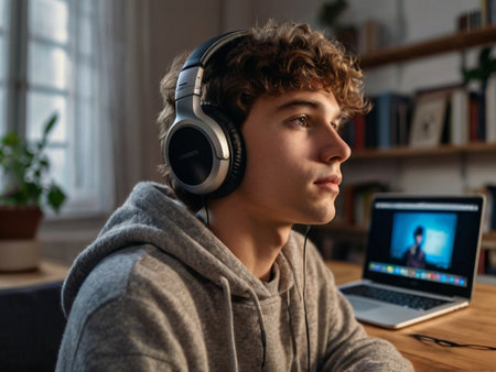 Young man with headphones listening to music on laptop and sitting at homeの素材