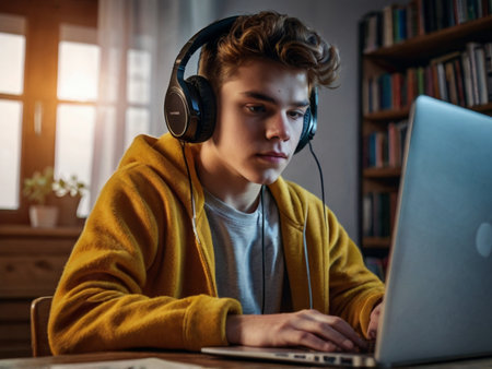 A teenage boy in headphones works on a laptop at home. The concept of distance learning.の素材