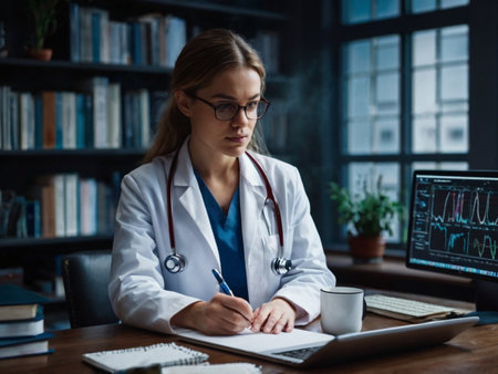 Serious female doctor sitting at table in office and writing in notebookの素材