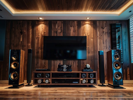 Modern interior of the living room with a large television and large speakersの素材
