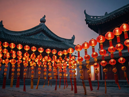 Chinese lanterns in a temple, Chengdu, Sichuan Province, Chinaの素材