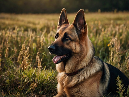 German shepherd dog sitting in the field at sunset. Side viewの素材
