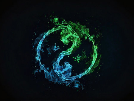 Yin Yang symbol made of green and blue smoke on black backgroundの素材