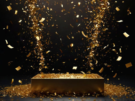 Golden podium with golden confetti and ribbons on dark background. 3d renderの素材