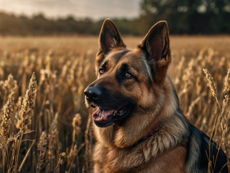 German shepherd dog in a wheat field at sunset. Selective focus.の素材